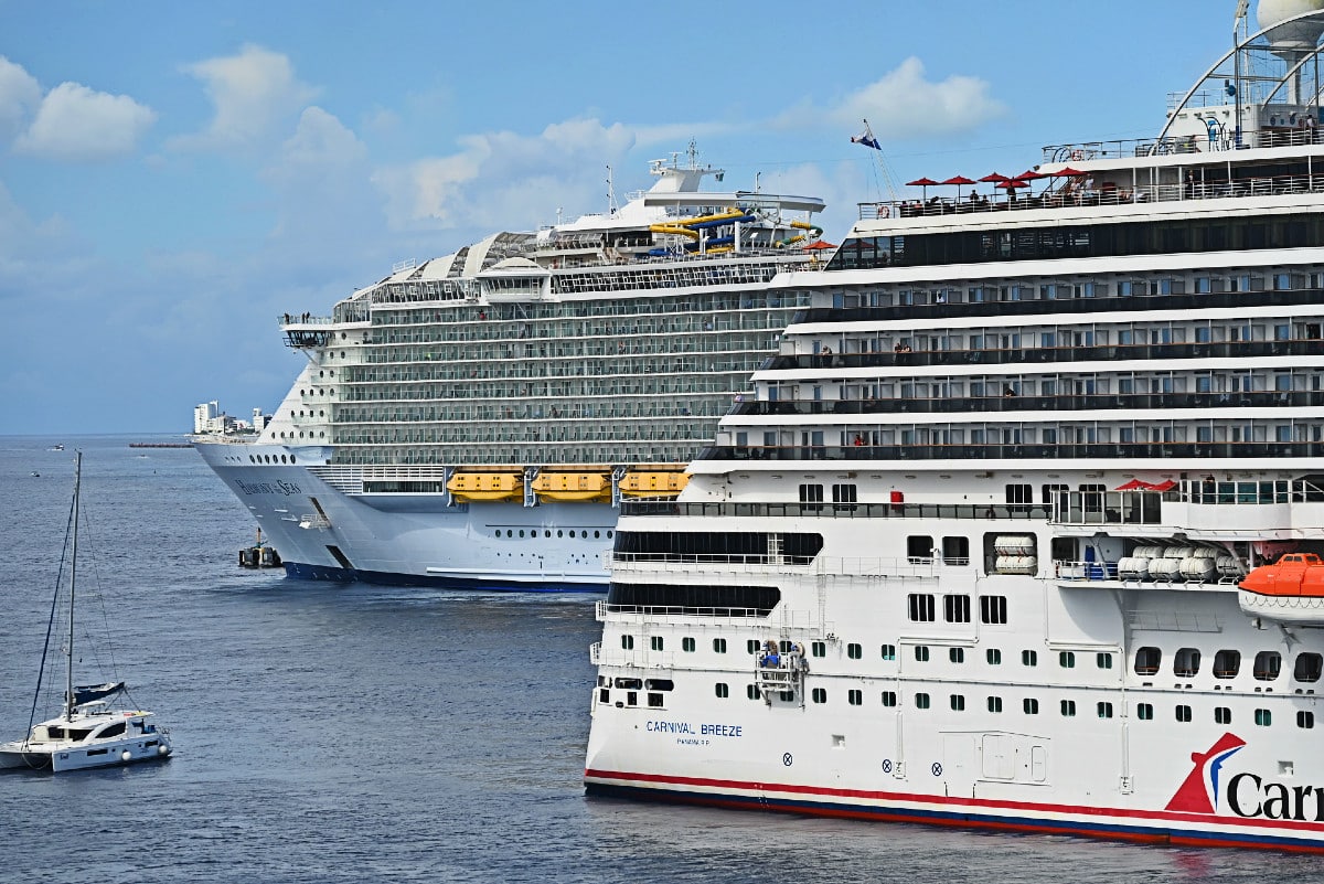 A Royal Caribbean and Carnival cruise ship in Cozumel port