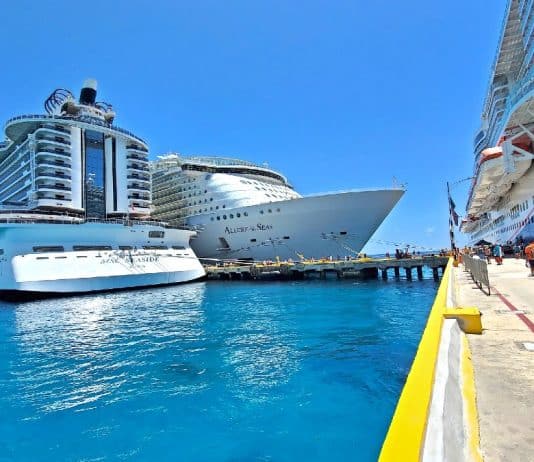 Three cruise ships in port, MSC, Royal Caribbean, Carnival