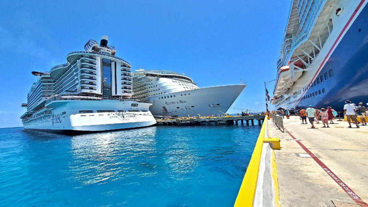 Three cruise ships in port, MSC, Royal Caribbean, Carnival