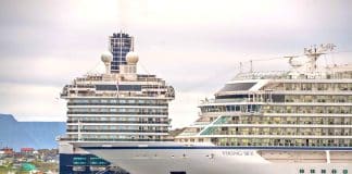 Two cruise ships in port, Viking