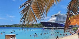 Mahogany Bay, Carnival Celebration ship in port, sandy beach