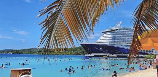 Mahogany Bay, Carnival Celebration ship in port, sandy beach