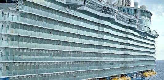 Allure of the Seas side of ship in cruise port