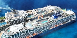 Royal Caribbean and Celebrity Cruises in Cozumel. drone photo.