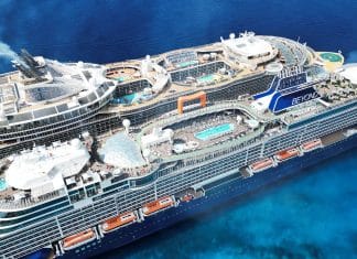 Royal Caribbean and Celebrity Cruises in Cozumel. drone photo.