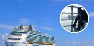 Royal Caribbean's Mariner of the Seas and man sad about flight delay in airport