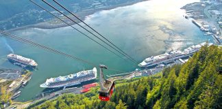 Juneau Alaska cruise ships docked in port cable car