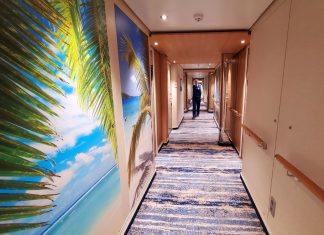 Carnival hallway with crew member cabin steward