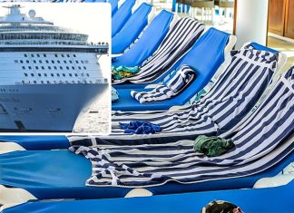 Towel charges on cruise with deck chairs and allure of seas in background