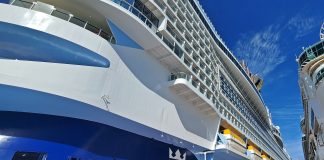 Cruise Passenger Walks Off Pier Between Two Royal Caribbean Ships at CocoCay Royal Caribbean ships docked in CocoCay