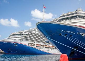 Two Carnival cruise ships in port, Carnival Sunshine and Liberty