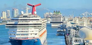 New Record: 75,000+ Cruise Passengers Travel Through PortMiami in One Day (10 Ships) PortMiami cruise ships on busy port day