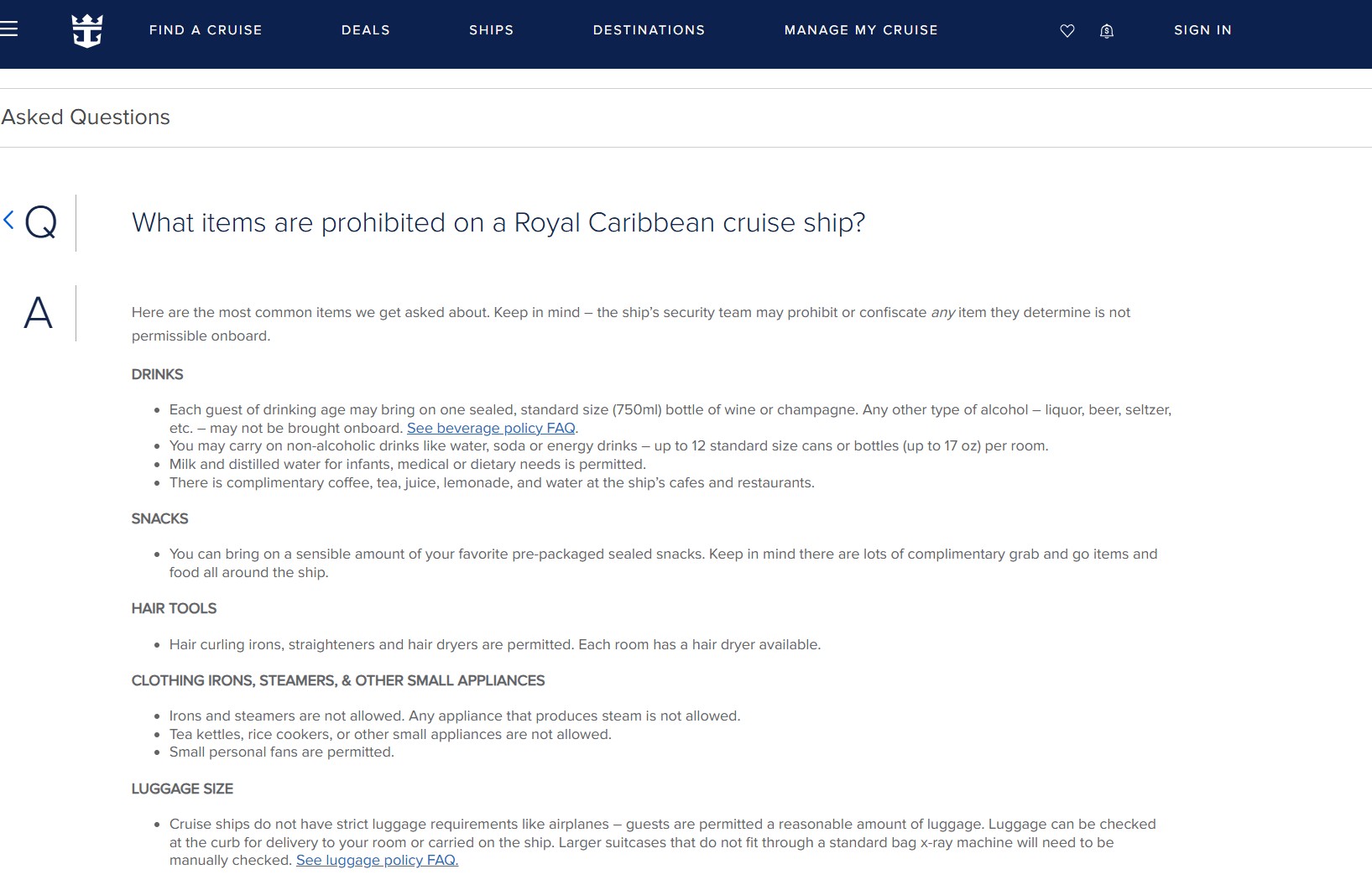 Royal Caribbean's updated prohibited items page