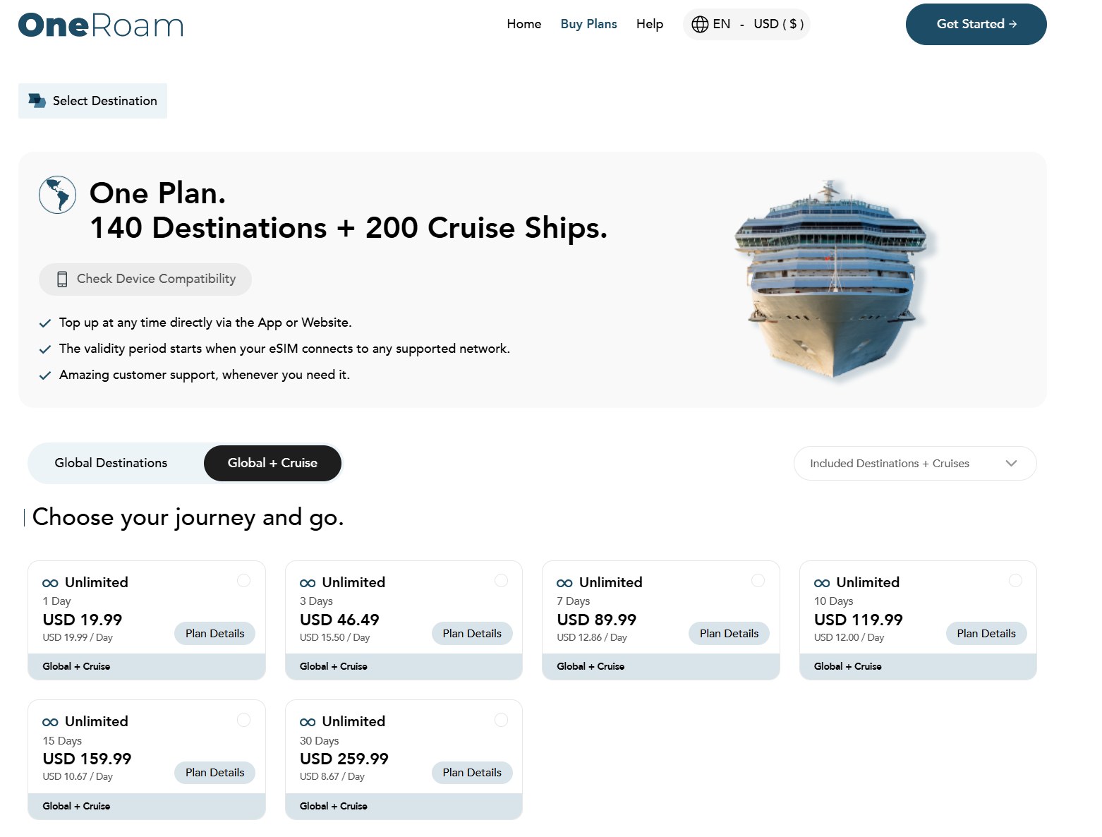 OneRoam internet at sea and land packages