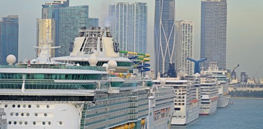PortMiami cruise ships lined up on busy day