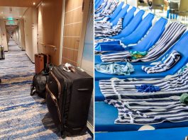 Things cruisers dislike about cruising. Image of loungers with towels and suitcases in a hallway