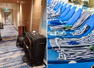 Things cruisers dislike about cruising. Image of loungers with towels and suitcases in a hallway