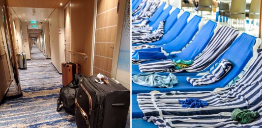Things cruisers dislike about cruising. Image of loungers with towels and suitcases in a hallway