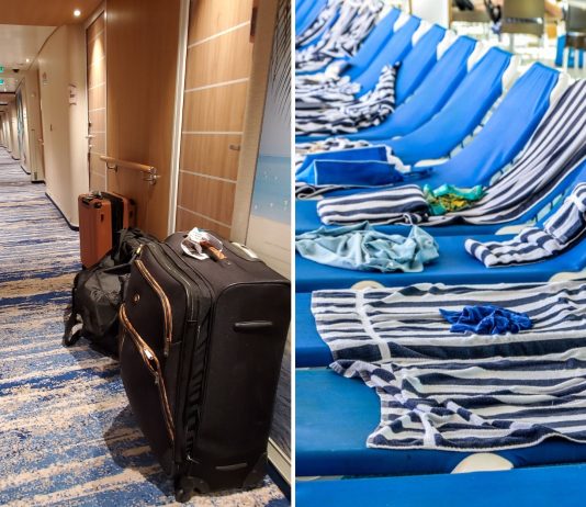 Things cruisers dislike about cruising. Image of loungers with towels and suitcases in a hallway