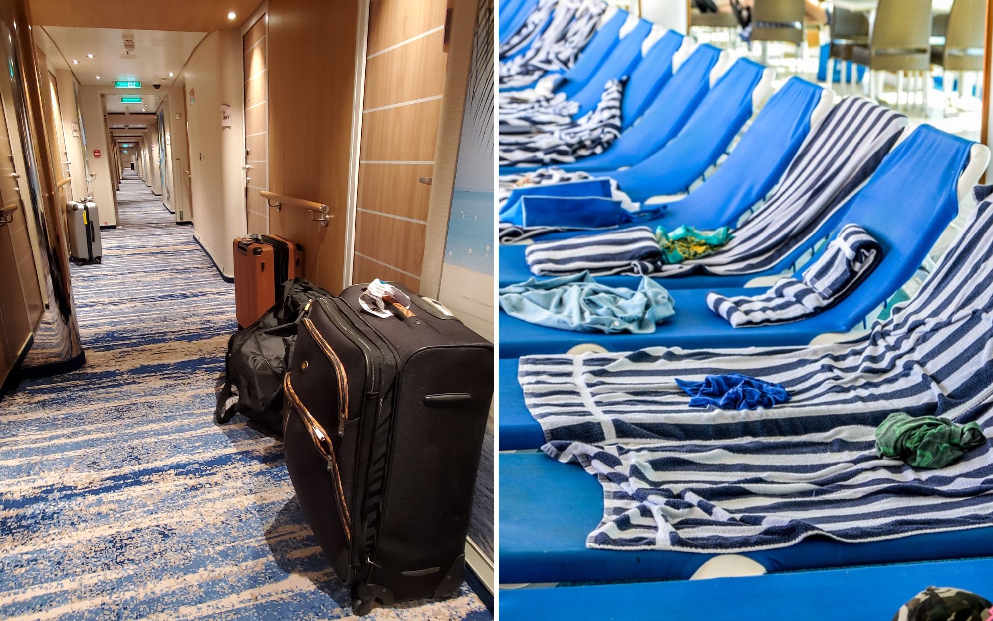 Things cruisers dislike about cruising. Image of loungers with towels and suitcases in a hallway