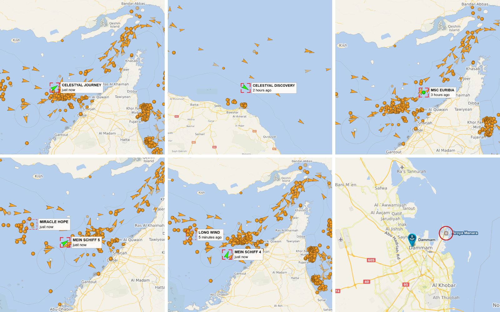 locations of ships moving through strait of hormuz