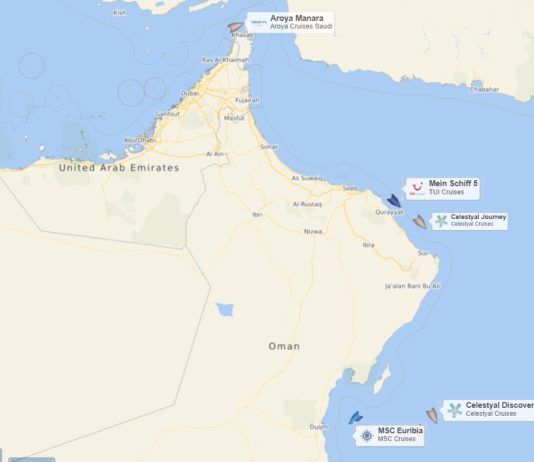 all 6 cruise ships cleared strait of Hormuz, map from Cruisemapper