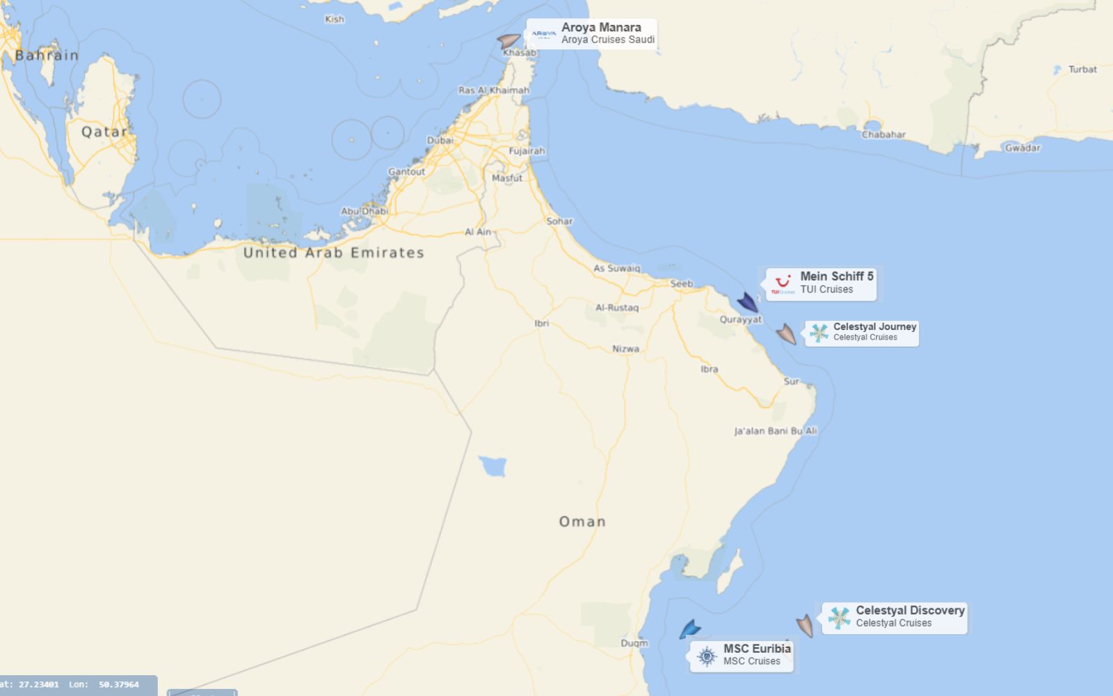 all 6 cruise ships cleared strait of Hormuz, map from Cruisemapper