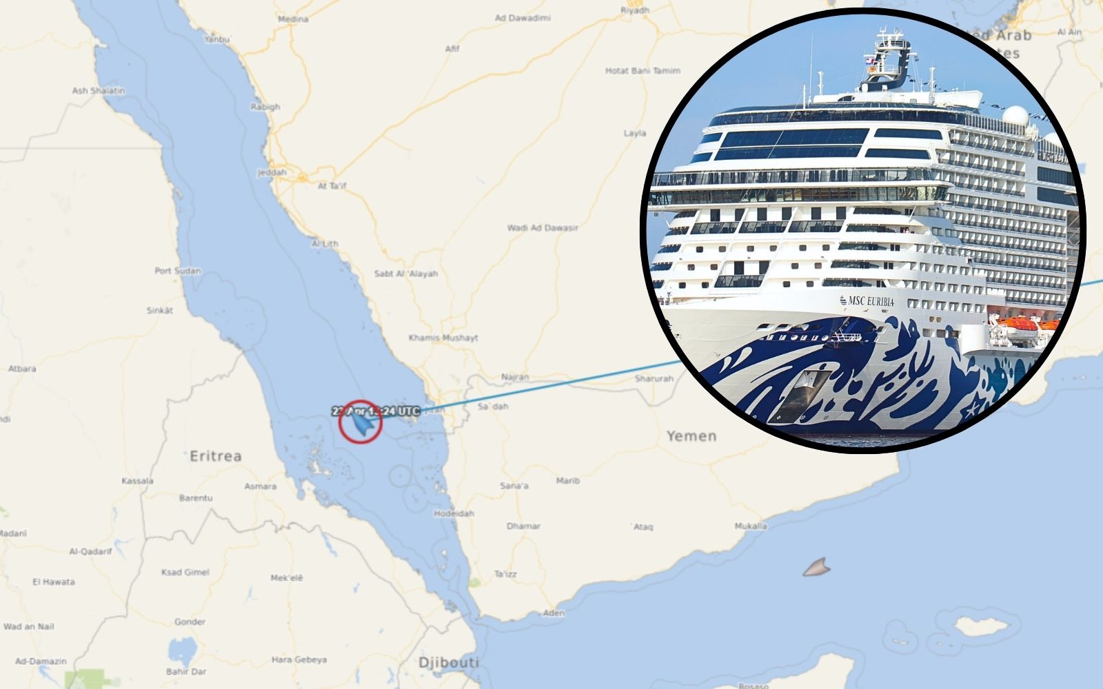 MSC Euribia sailign through Red Sea toward Suez Canal