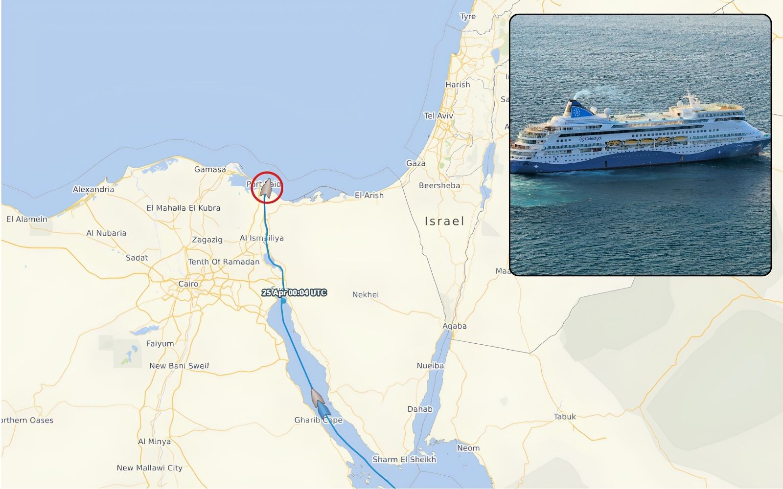 Celestyal Discovery cruise ship passes Suez Canal