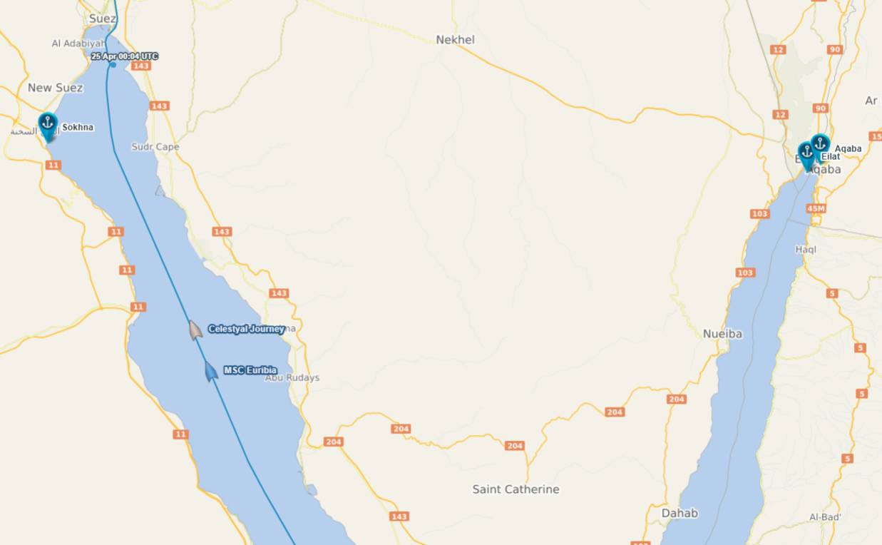 MSC Euribia and Celestyal Journey in Red Sea, heading for Suze Canal