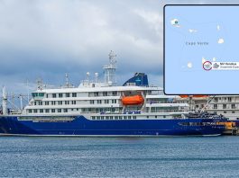 MV Hondius expedition ship near Cape verde with map and ship in port