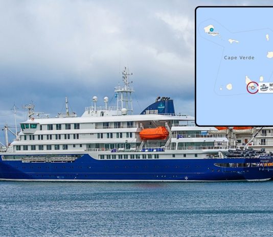 MV Hondius expedition ship near Cape verde with map and ship in port