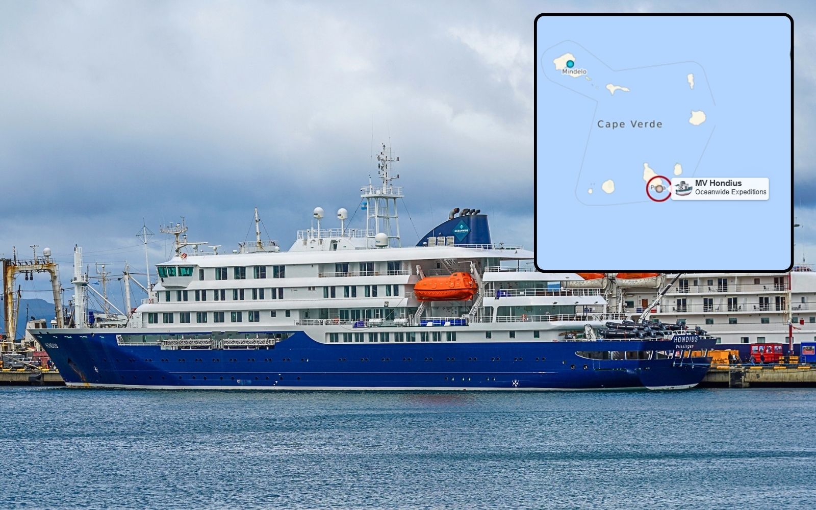MV Hondius expedition ship near Cape verde with map and ship in port