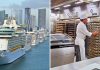 Comparison of cruise ship exterior and a sterile onboard galley bakery showing high sanitation standards.