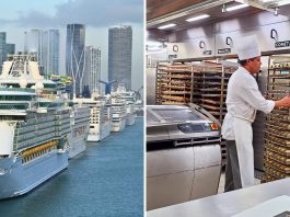 Comparison of cruise ship exterior and a sterile onboard galley bakery showing high sanitation standards.