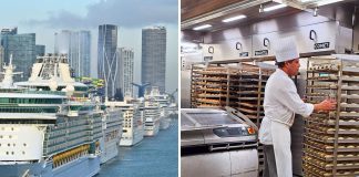 Comparison of cruise ship exterior and a sterile onboard galley bakery showing high sanitation standards.