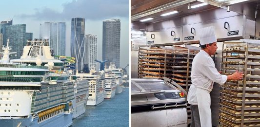 Comparison of cruise ship exterior and a sterile onboard galley bakery showing high sanitation standards.