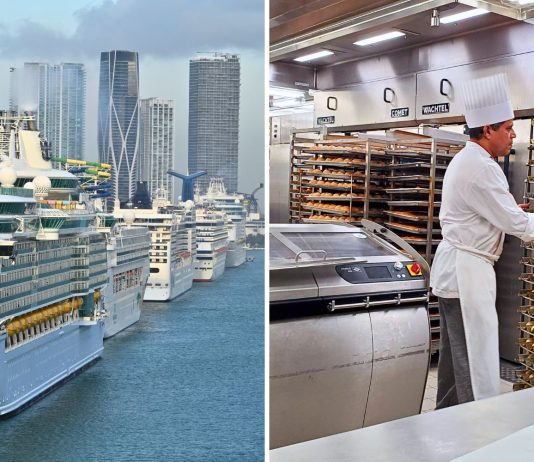Comparison of cruise ship exterior and a sterile onboard galley bakery showing high sanitation standards.