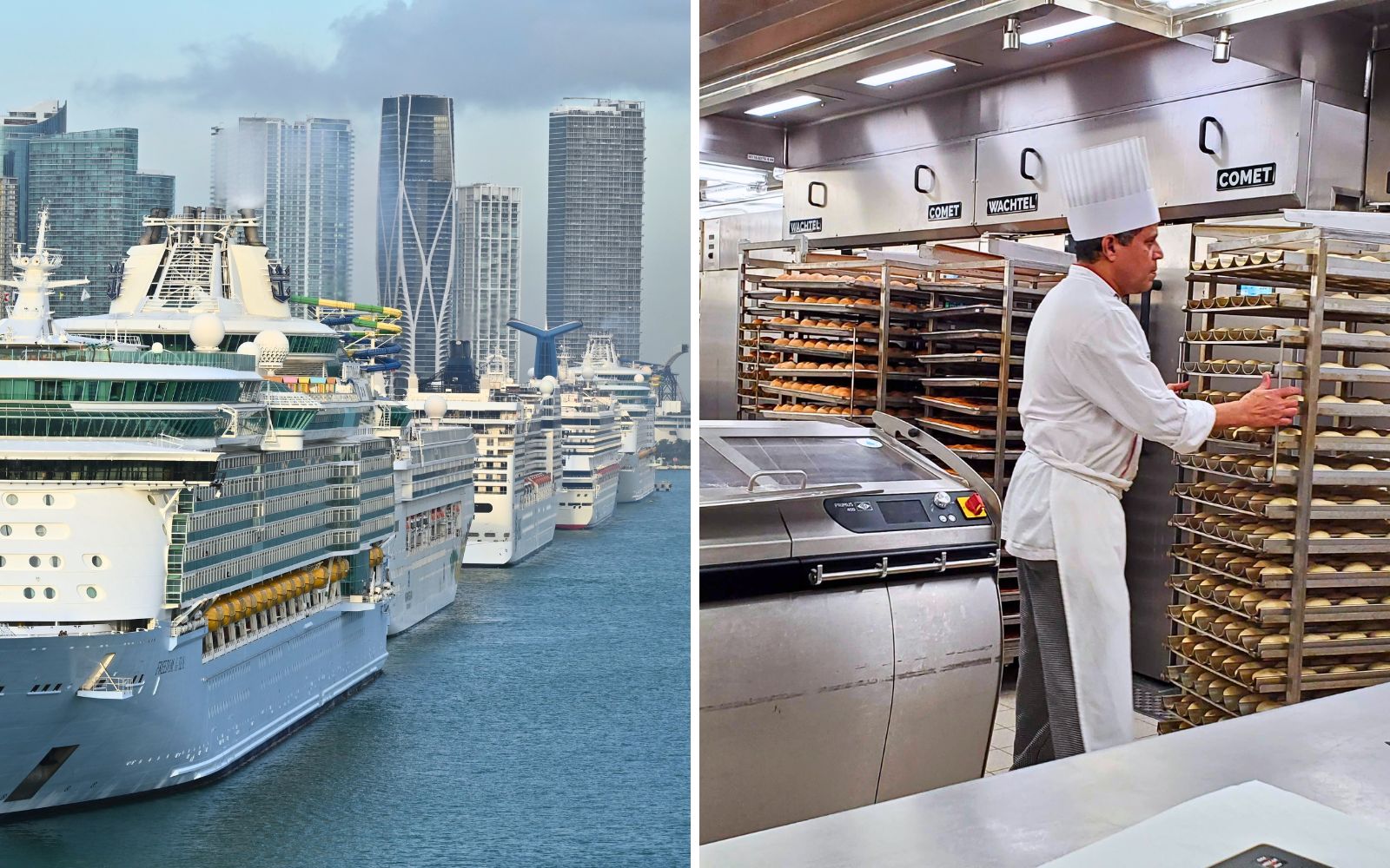 Comparison of cruise ship exterior and a sterile onboard galley bakery showing high sanitation standards.
