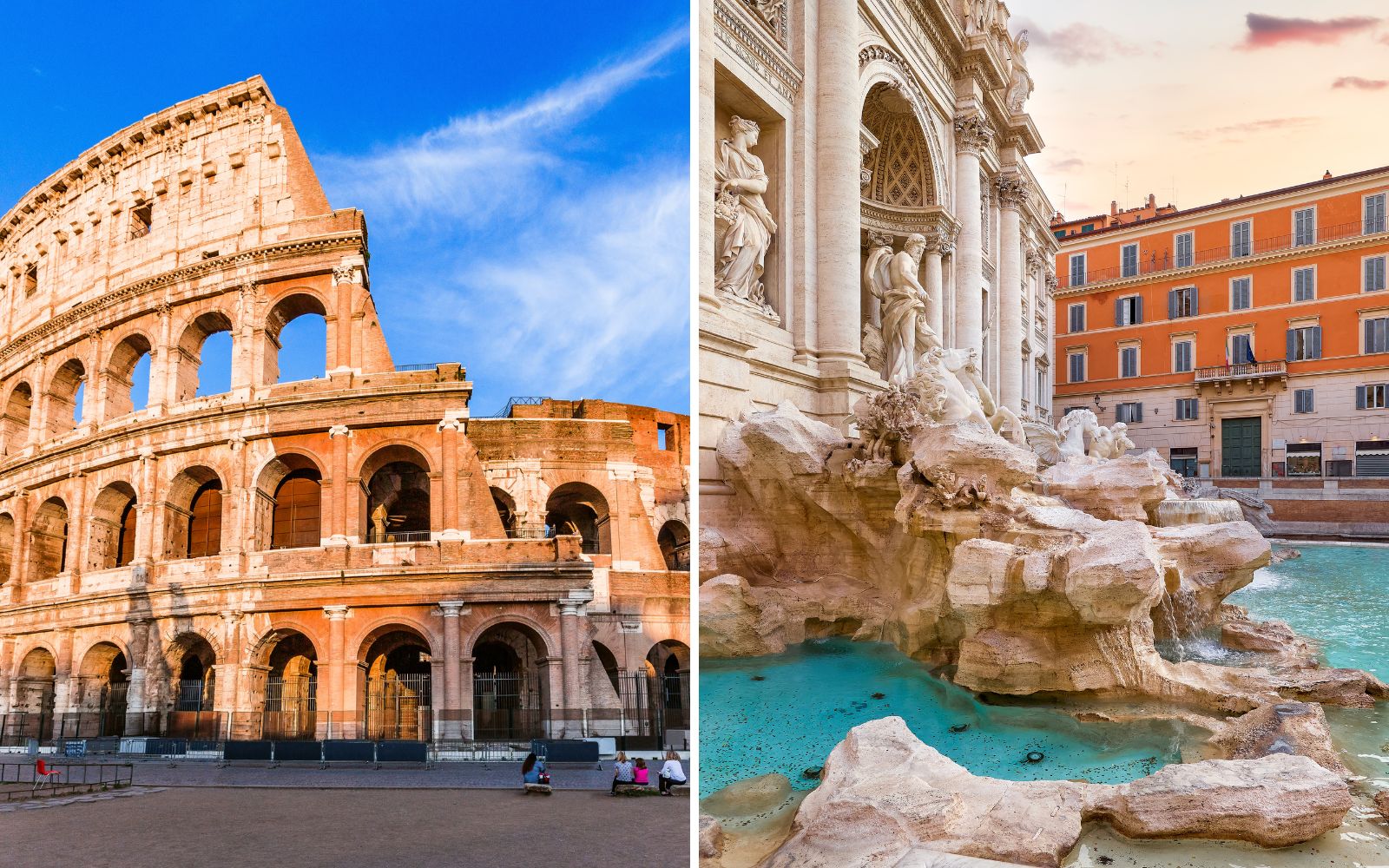 Coliseum and famous fountain in Rome, Italy