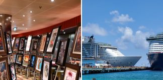 Cruise ship art gallery and cruise ships docked in port