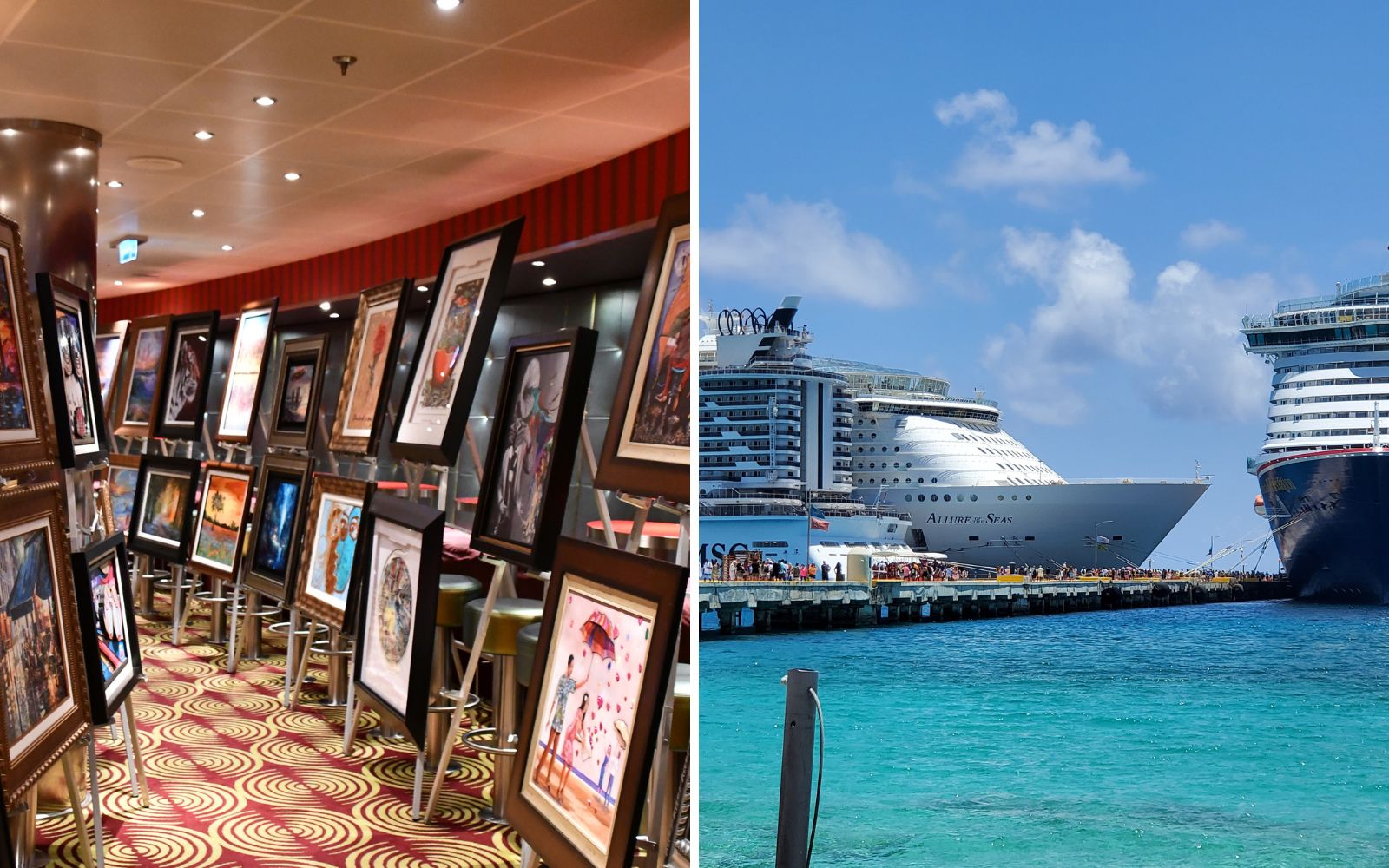 Cruise ship art gallery and cruise ships docked in port