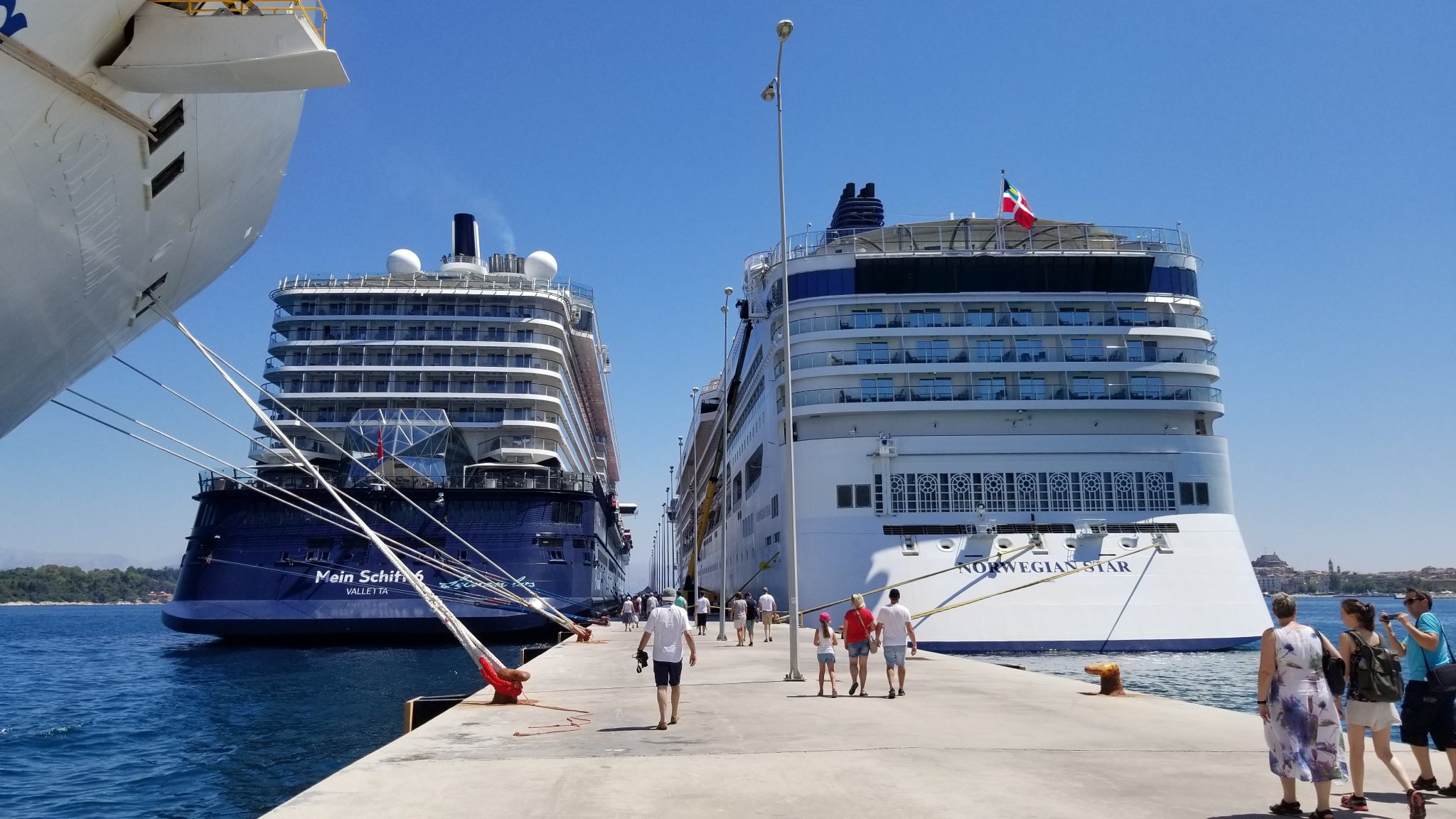 Cruise ships docked in Corfu Greece, Norwegian and Mein Schiff
