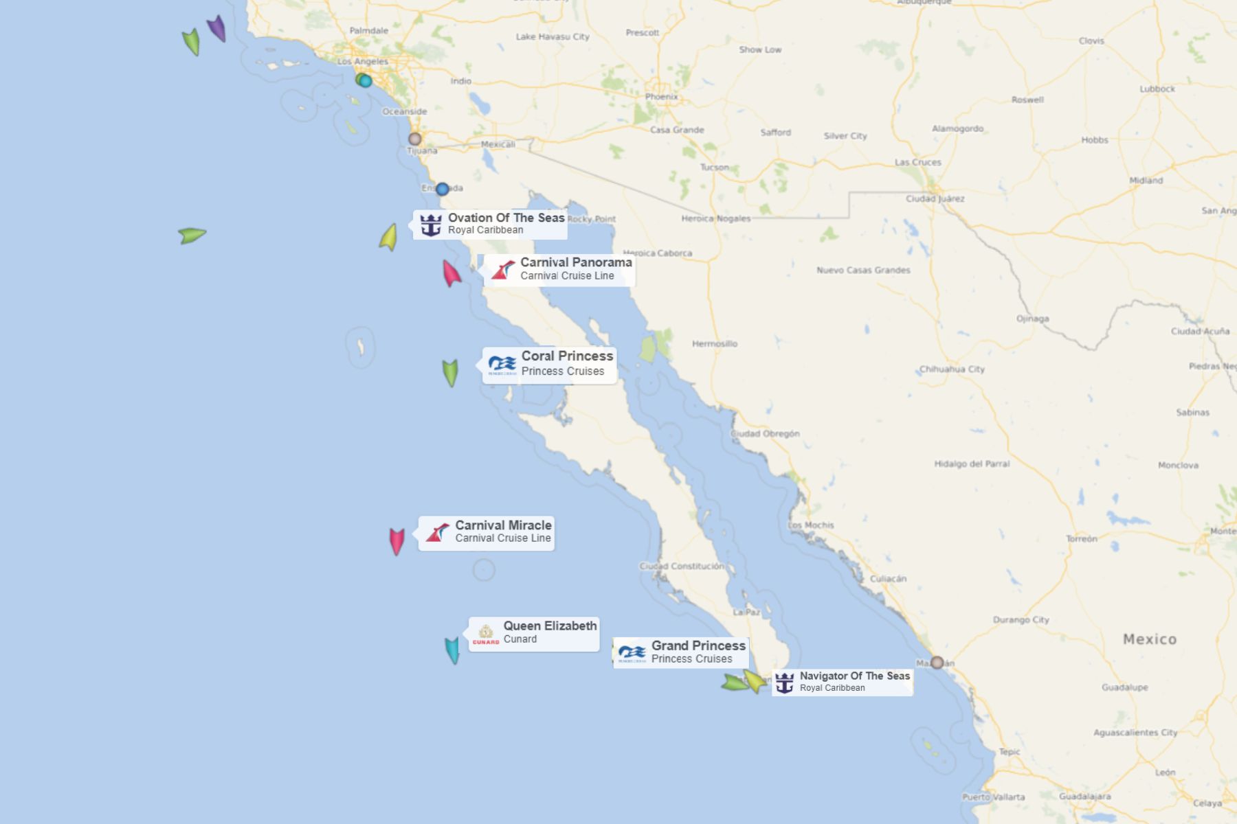 Screenshot of cruise ship locations via CruiseMapper.