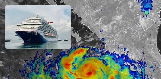 Hurricane Rachel off Western Mexico, with inset image of Carnival Panorama