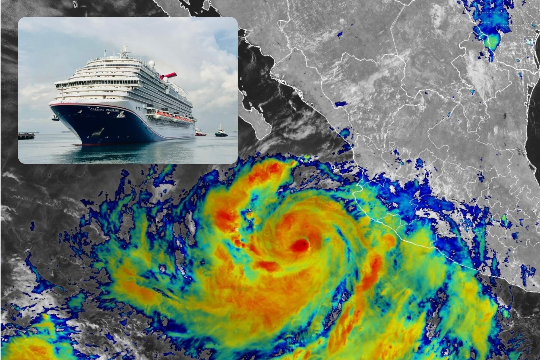 Hurricane Rachel off Western Mexico, with inset image of Carnival Panorama