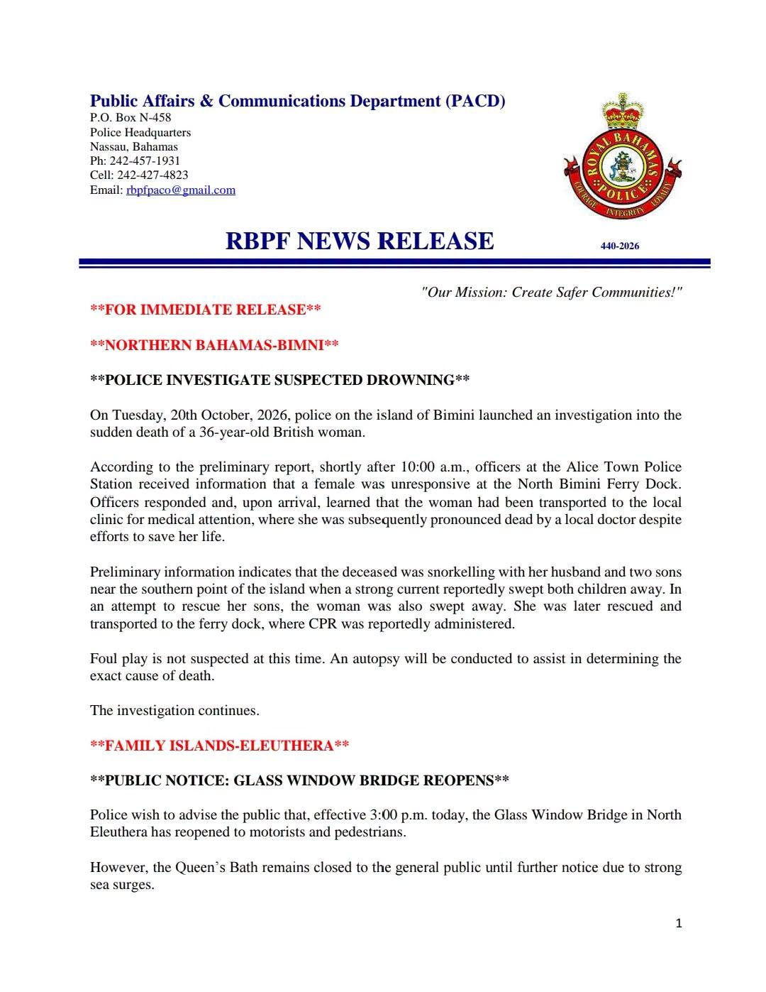 Royal Bahamas Police Force statement on death of woman in Bimini
