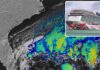 Weather system disrupts cruise ship schedules. Satellite imagery of storm system along Florida and East Coast.
