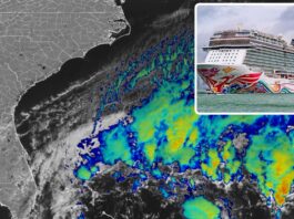 Weather system disrupts cruise ship schedules. Satellite imagery of storm system along Florida and East Coast.