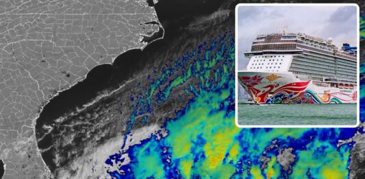Weather system disrupts cruise ship schedules. Satellite imagery of storm system along Florida and East Coast.